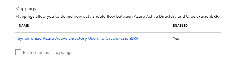 Screenshot of the Mappings section. Under Name, Synchronize Microsoft Entra users to Oracle Fusion E R P is visible.