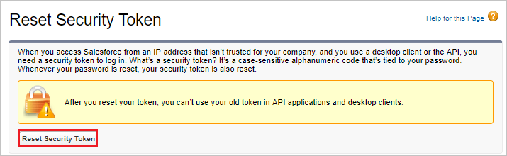 Captura de pantalla que muestra la página Reset Security Token (Restablecer token de seguridad) con el texto explicativo y la opción para Restablecer token de seguridad
