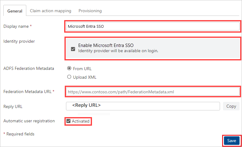 Captura de pantalla muestra la pestaña General, donde puede escribir los valores descritos.