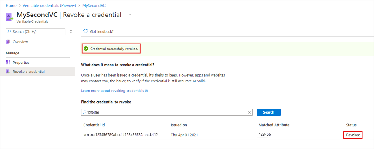 Captura de pantalla que muestra un mensaje de credencial verificable revocado correctamente.