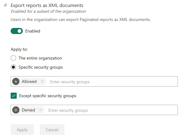 Screenshot of enabled except state tenant setting.