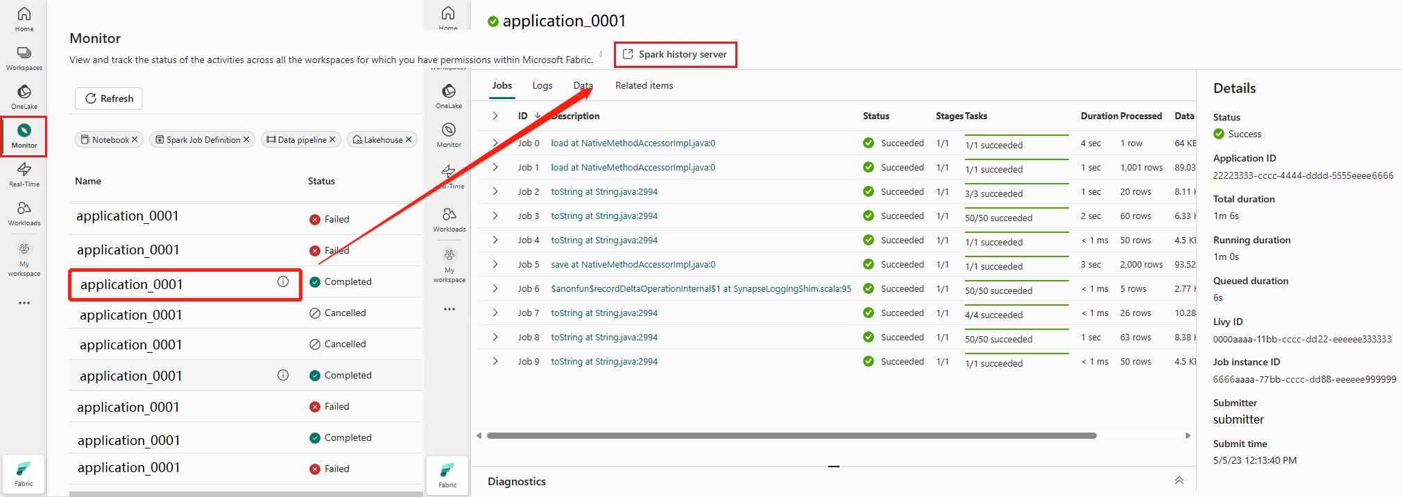 Captura de pantalla que muestra la apertura de la interfaz de usuario web de Spark desde la página de detalles de la aplicación Apache Spark.