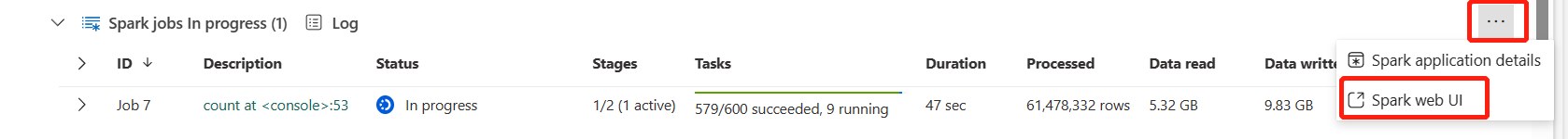 Captura de pantalla que muestra la apertura de Spark web UI desde el cuaderno del indicador de progreso.