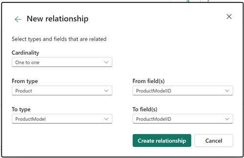 Captura de pantalla de la pantalla Nueva relación, en la que se muestran ejemplos de selecciones para los cinco campos obligatorios.