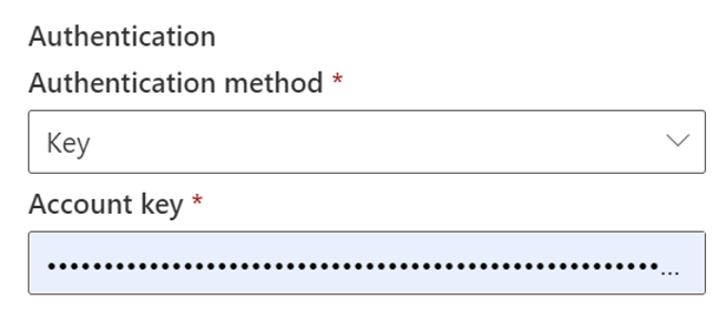 Captura de pantalla que muestra ese método de autenticación de clave para Azure Data Lake Storage Gen2.
