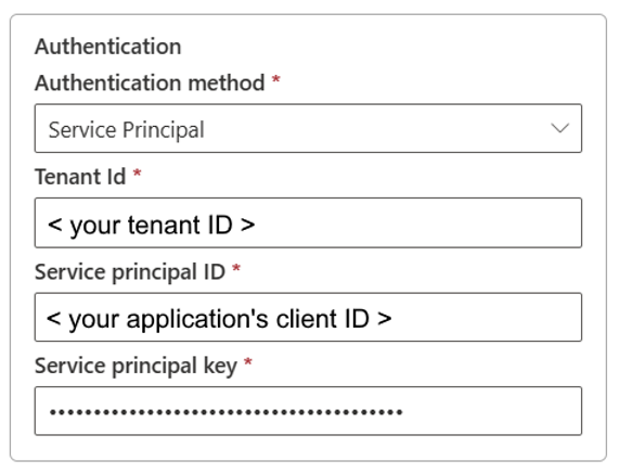 Captura de pantalla que muestra ese método de autenticación de entidad de servicio para Azure Data Lake Storage Gen2.