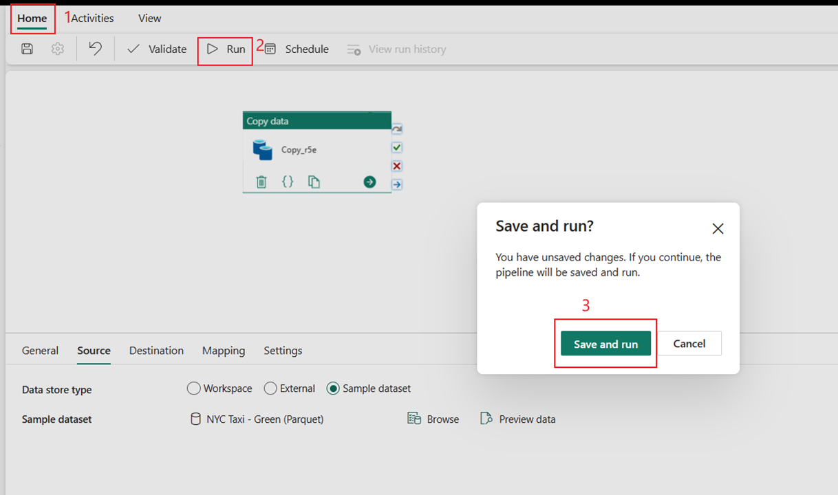 Captura de pantalla que muestra el botón Ejecutar en la pestaña Inicio y la solicitud de Guardar y ejecutar.