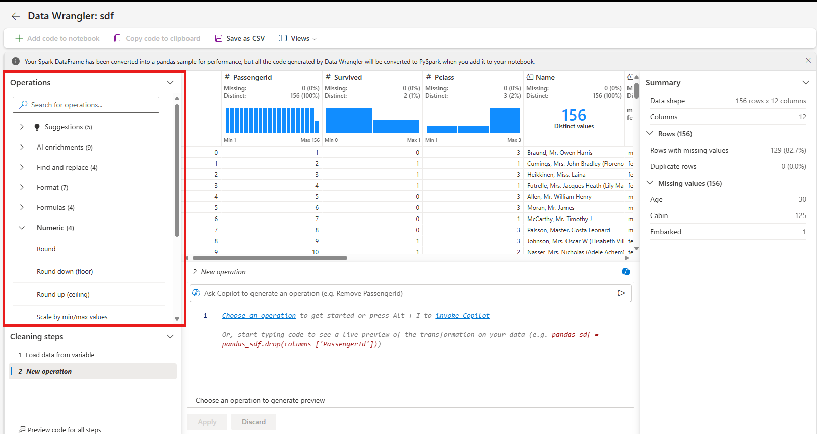 Captura de pantalla del panel de operaciones de Data Wrangler.