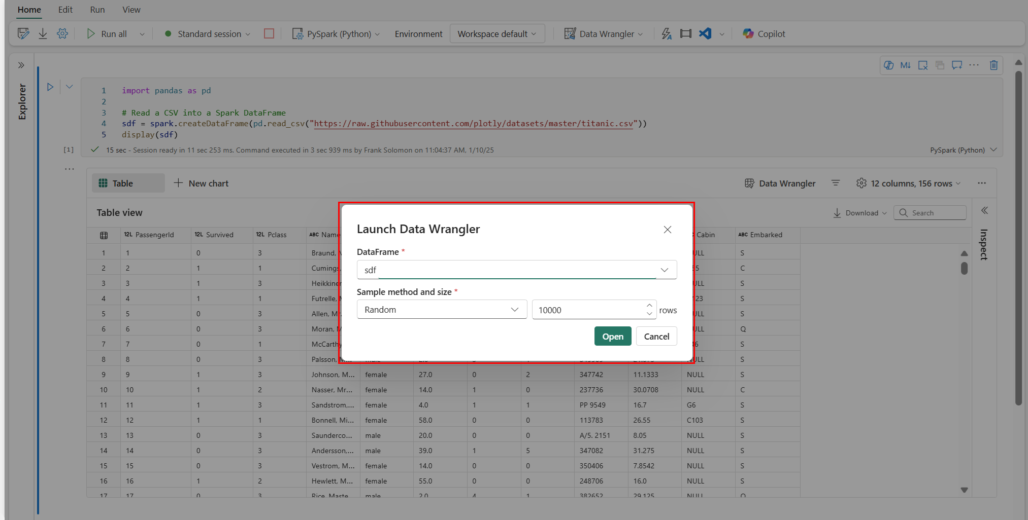 Captura de pantalla que muestra el mensaje de ejemplo personalizado de Wrangler de datos.