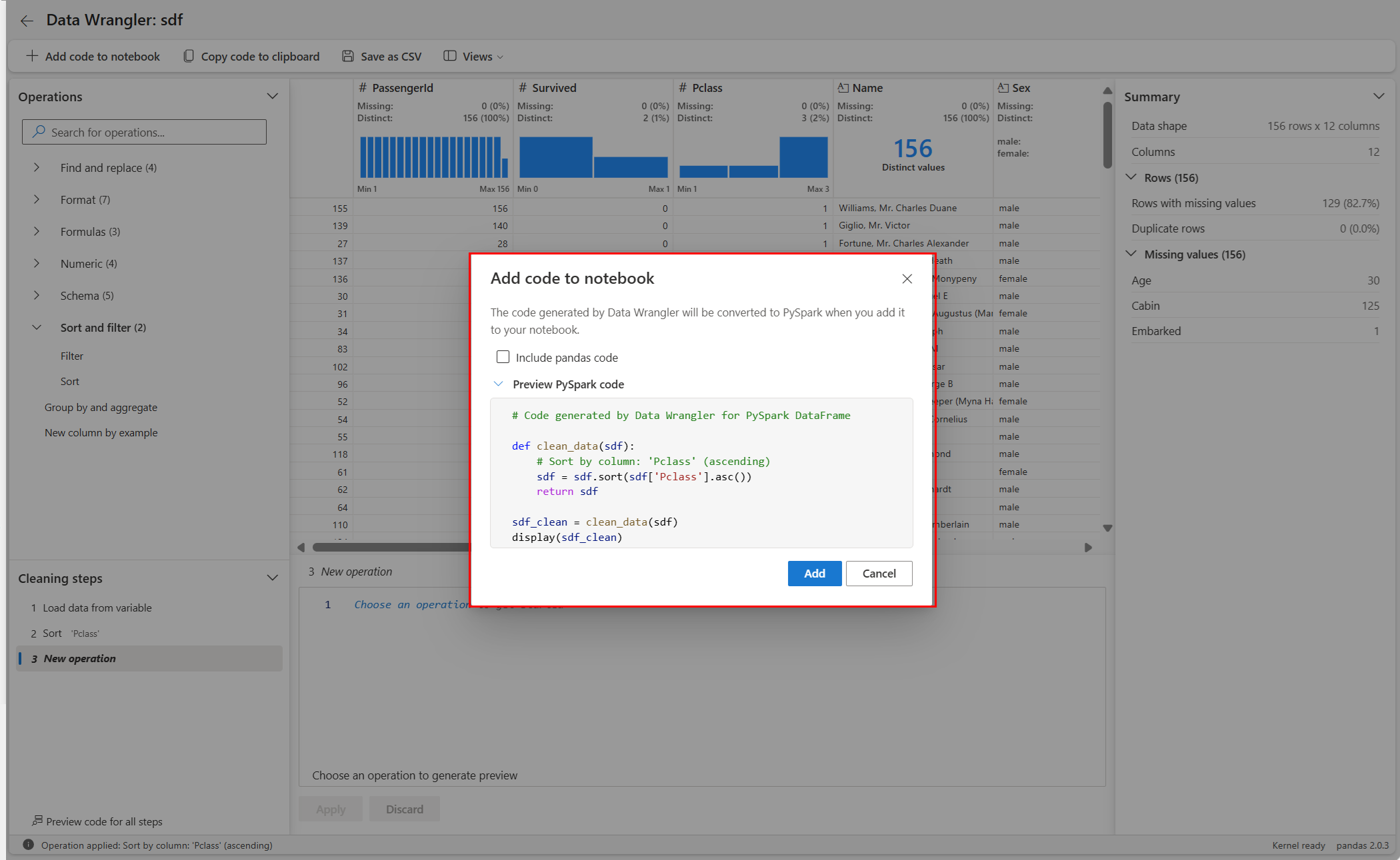 Captura de pantalla que muestra la vista previa de PySpark en el símbolo del código de exportación en Data Wrangler.