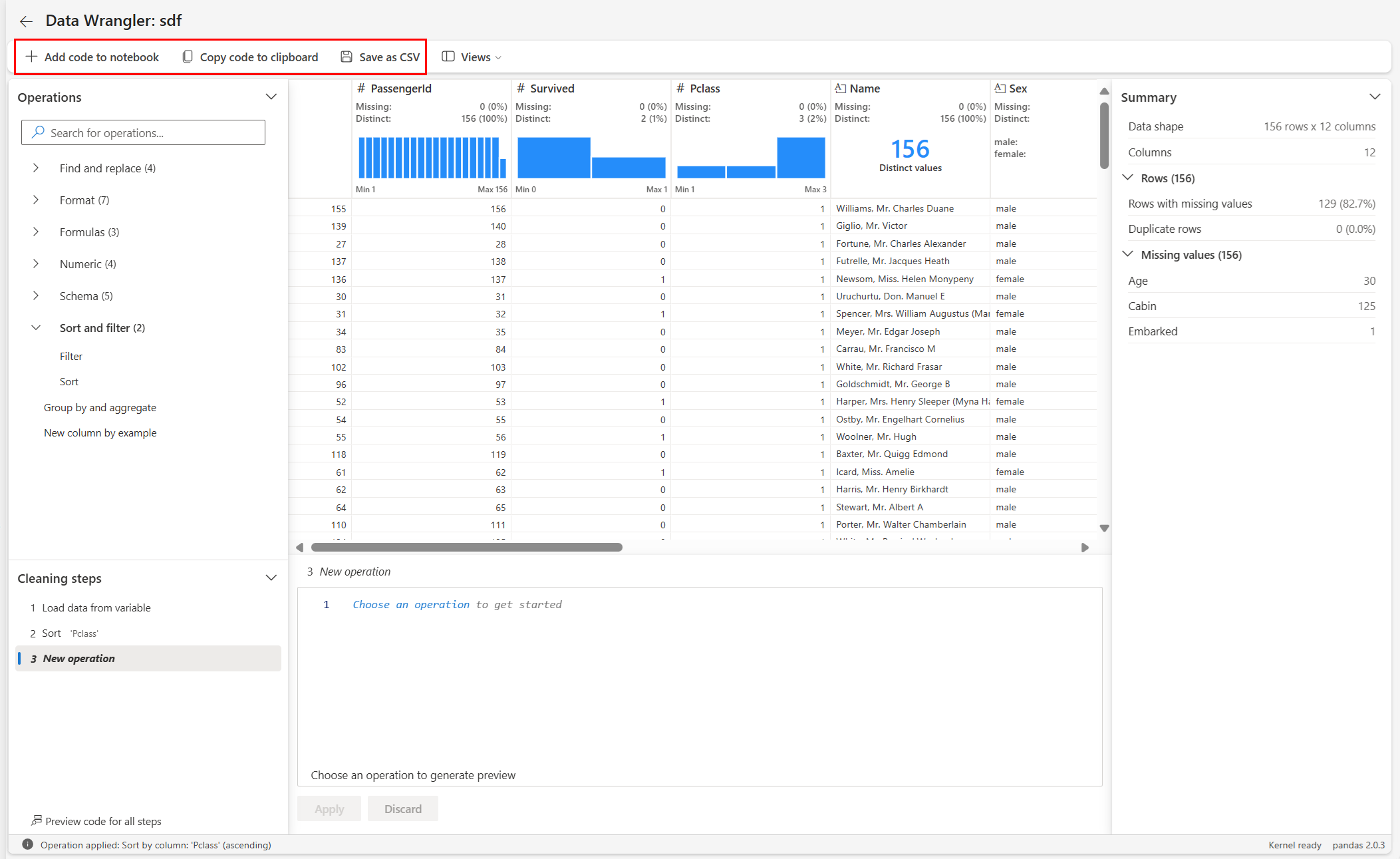 Captura de pantalla que muestra las opciones para exportar código en Data Wrangler.