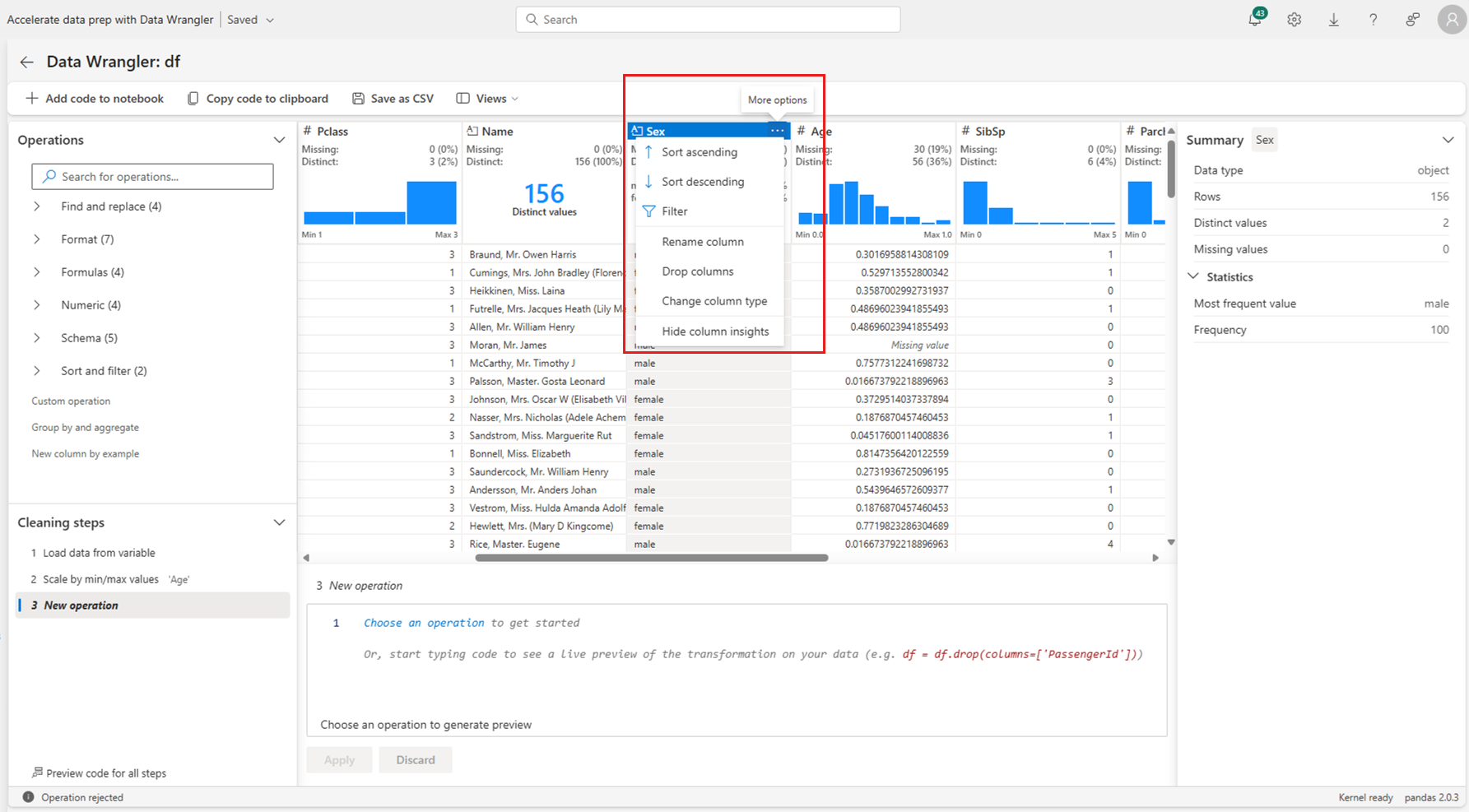 Captura de pantalla que muestra una operación Data Wrangler que se puede aplicar desde el menú del encabezado de columna.
