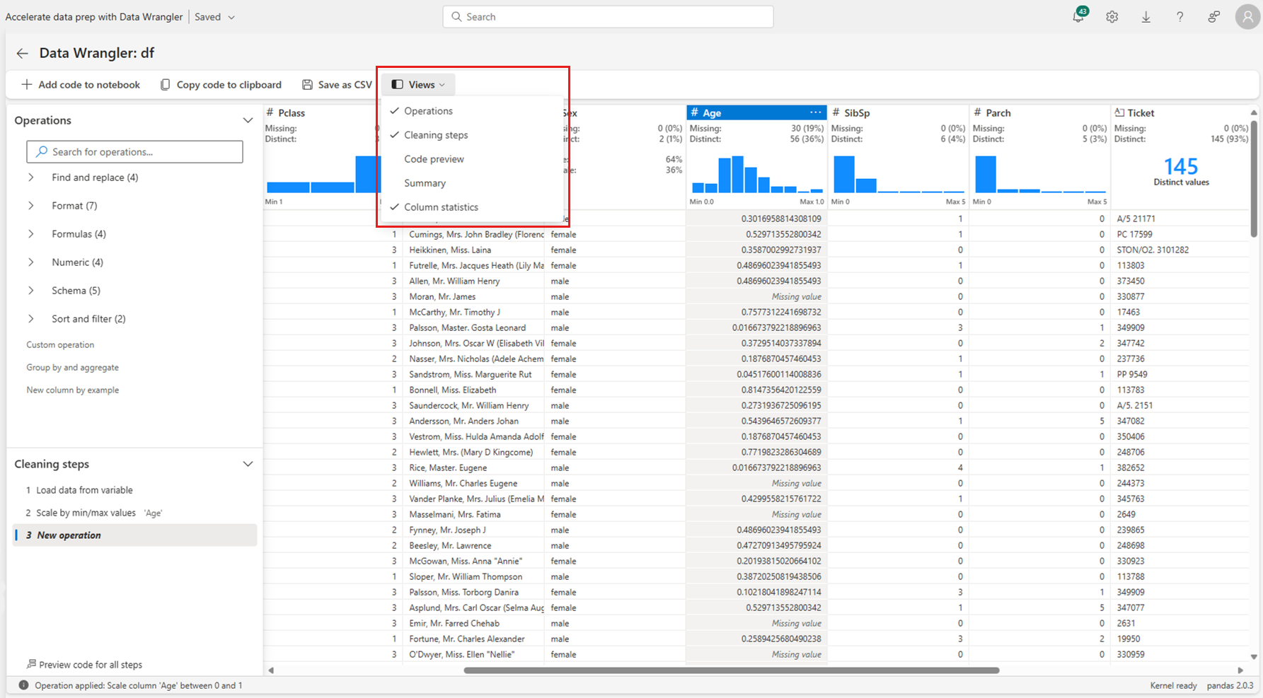 Captura de pantalla que muestra el menú Data Wrangler para personalizar la vista de visualización.