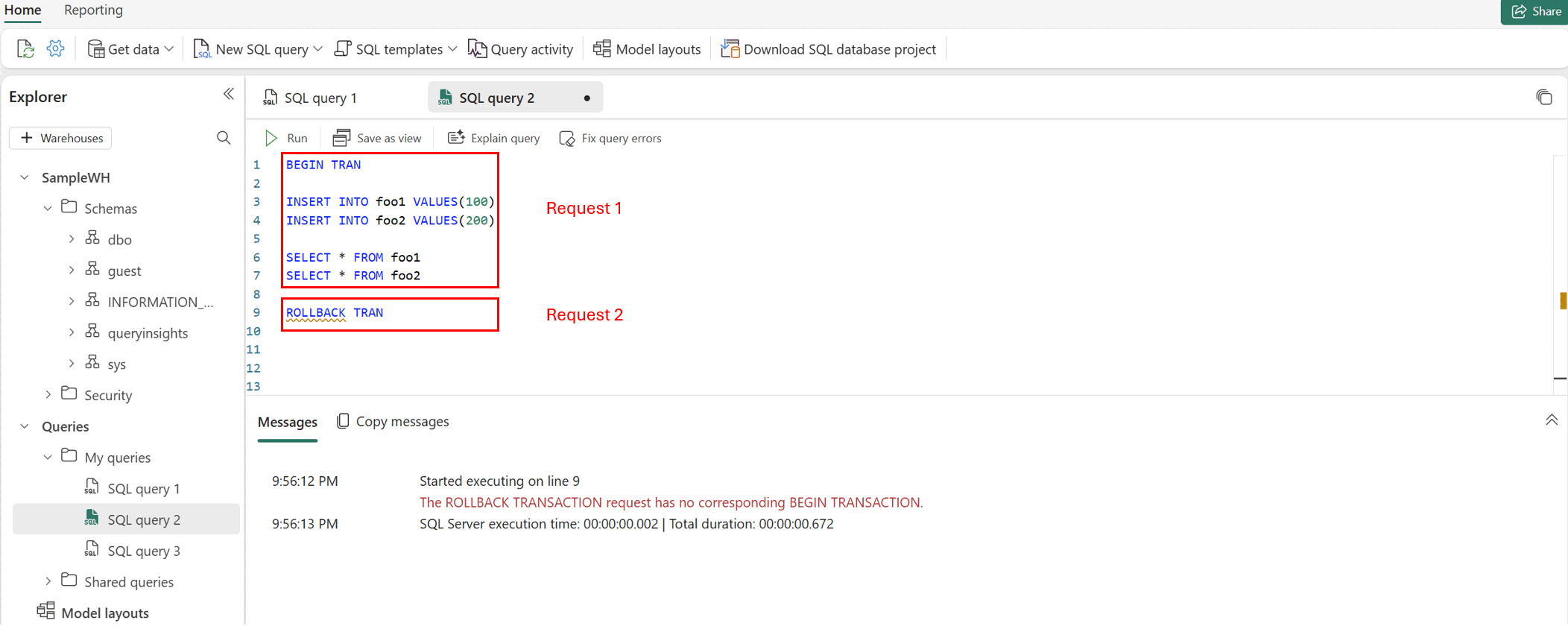 Captura de pantalla que muestra la ejecución independiente de transacciones con error en el editor de consultas SQL.
