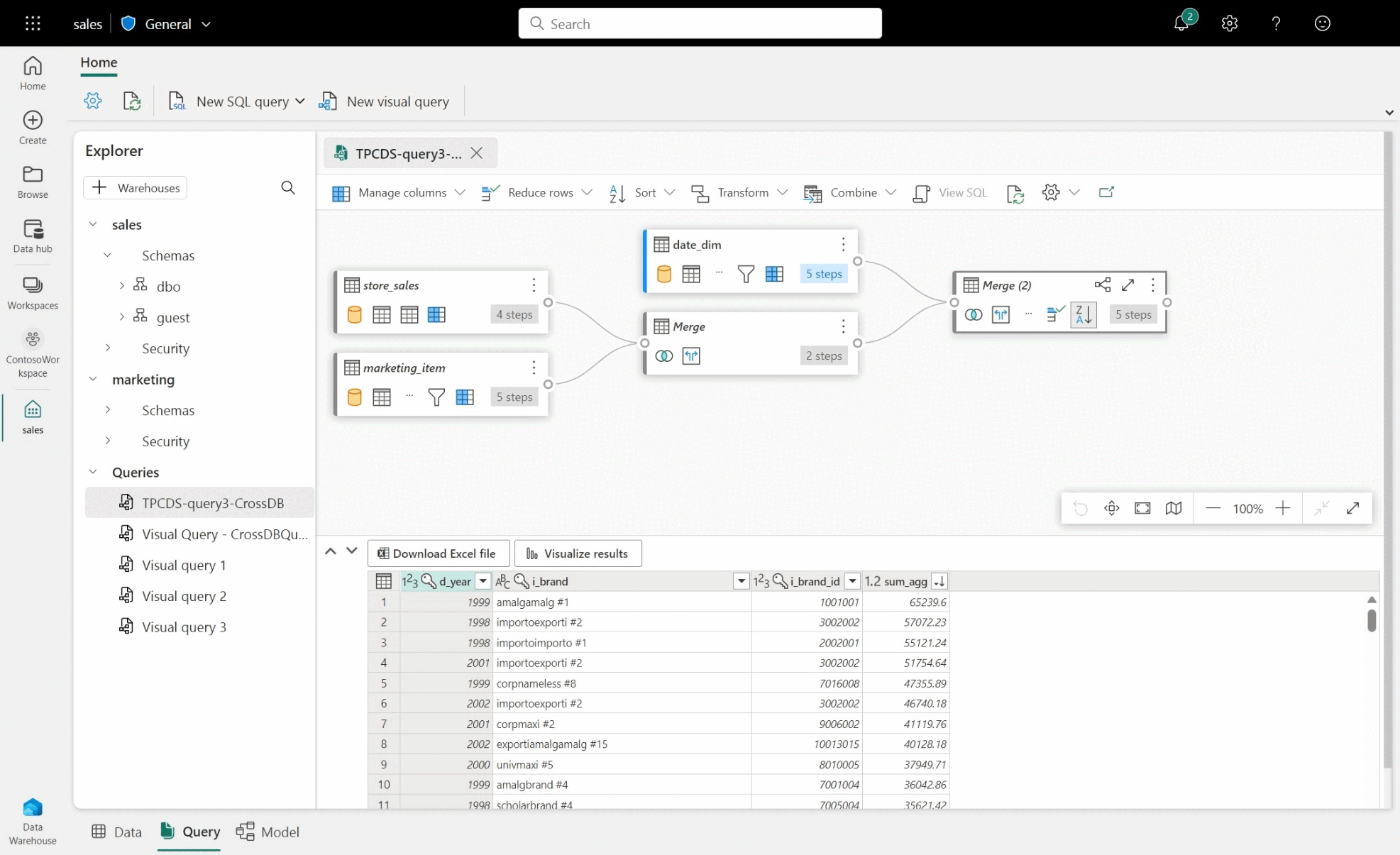 Captura de pantalla en la que se muestra un ejemplo de consulta entre almacenamientos entre las bases de datos de ventas y marketing y las actividades de Power Query.