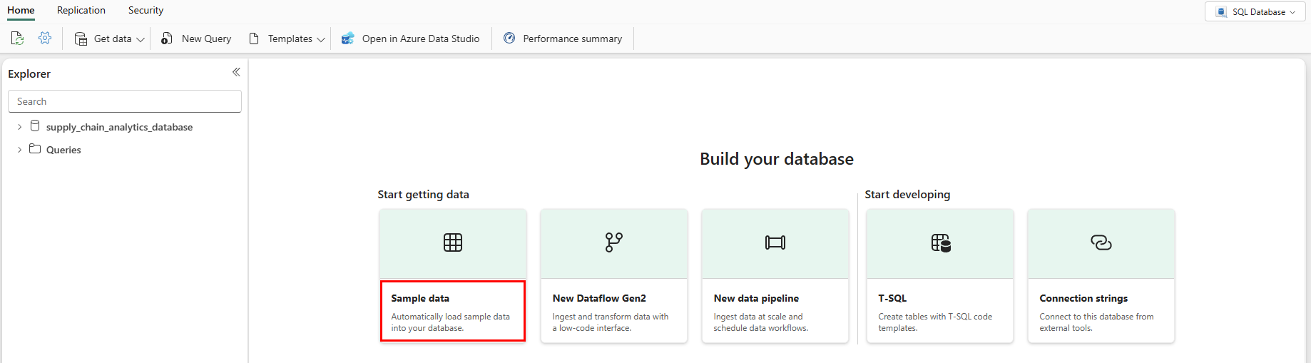 Recorte de pantalla del botón Datos de ejemplo de la página principal de una base de datos SQL en Microsoft Fabric.