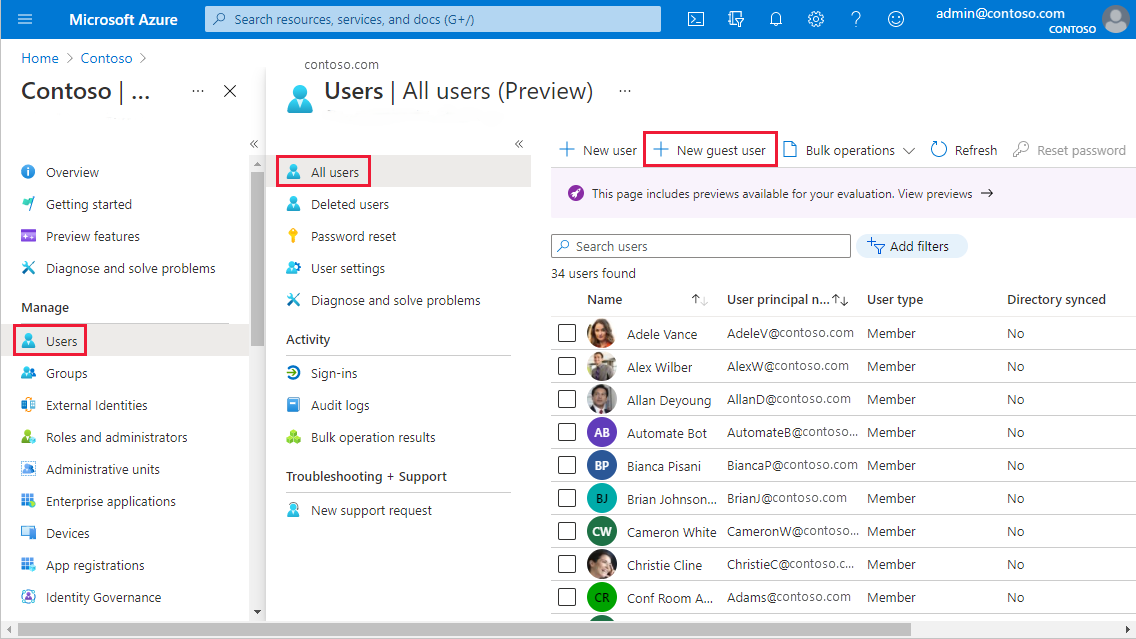 Captura de pantalla de Azure Portal con la opción Nuevo usuario invitado resaltada.