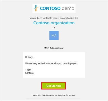 Captura de pantalla de la invitación de correo electrónico para el usuario invitado con Comenzar destacado.