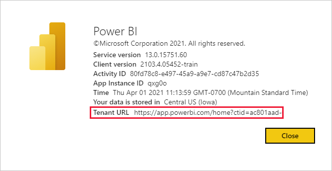 Captura de pantalla del cuadro de diálogo Acerca de Power BI con la dirección URL de inquilino del usuario invitado resaltada.