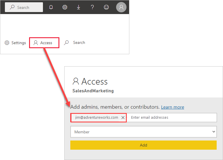 Captura de pantalla de un usuario externo agregado a la lista de acceso a aplicaciones en Power BI.