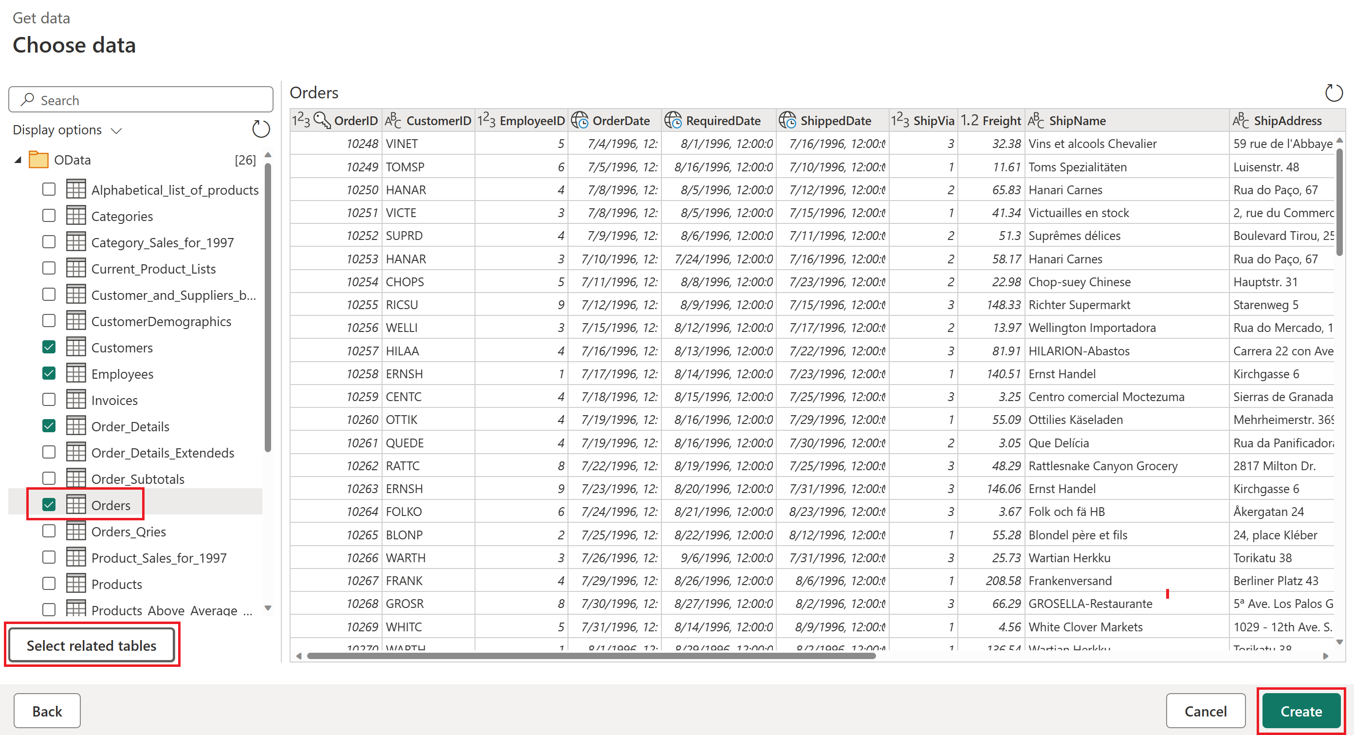 Captura de pantalla que muestra Elegir la tabla de pedidos de datos y las tablas relacionadas.