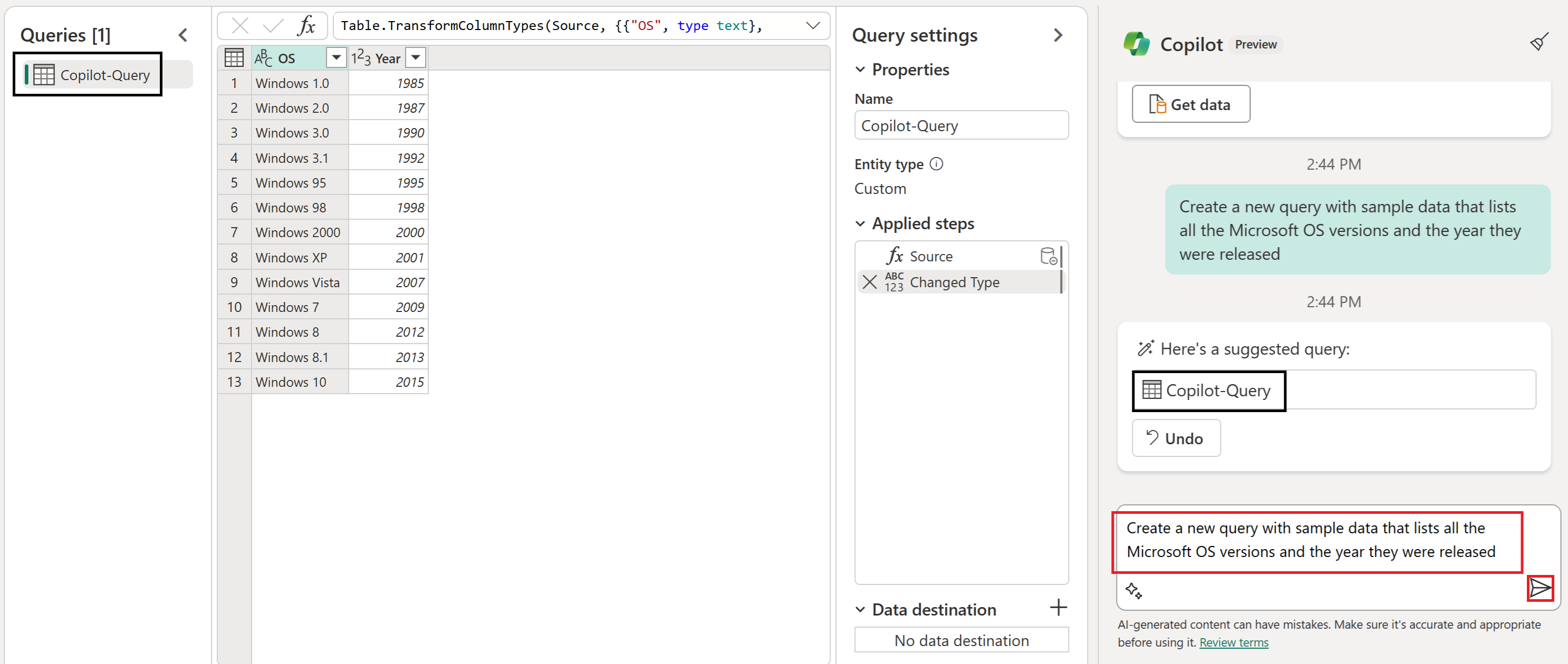 Captura de pantalla que muestra una nueva consulta que se está creando.