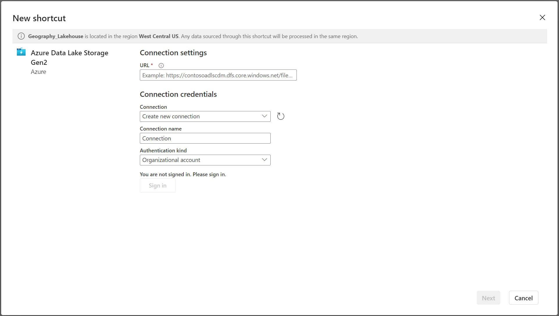 Captura de pantalla que muestra dónde introducir la configuración de Conexión para un nuevo acceso directo.