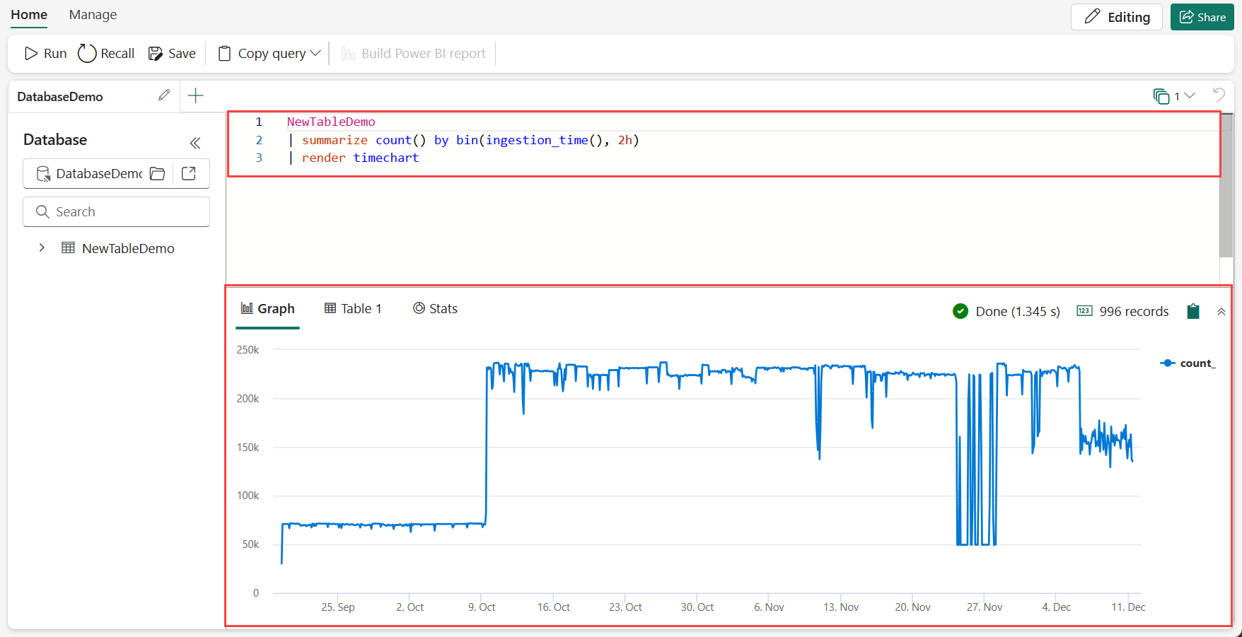 Captura de pantalla del conjunto de consultas KQL que muestra los resultados de una consulta. Tanto la consulta como el panel de resultados aparecen resaltados.