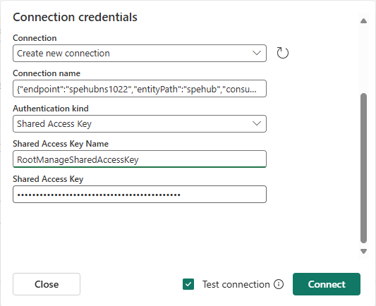 Captura de pantalla que muestra la página uno de Conectar para el conector de Azure Event Hubs.