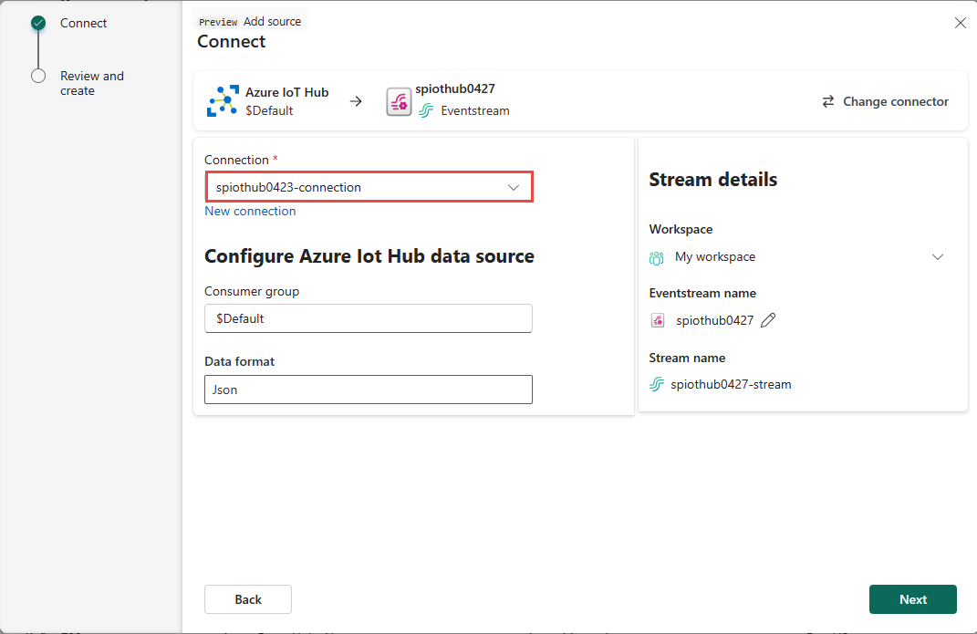 Captura de pantalla que muestra la página Conectar con una conexión existente a Azure IoT Hub.