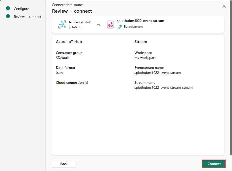 Captura de pantalla que muestra la página Revisar y conectar del conector de Azure IoT Hub.
