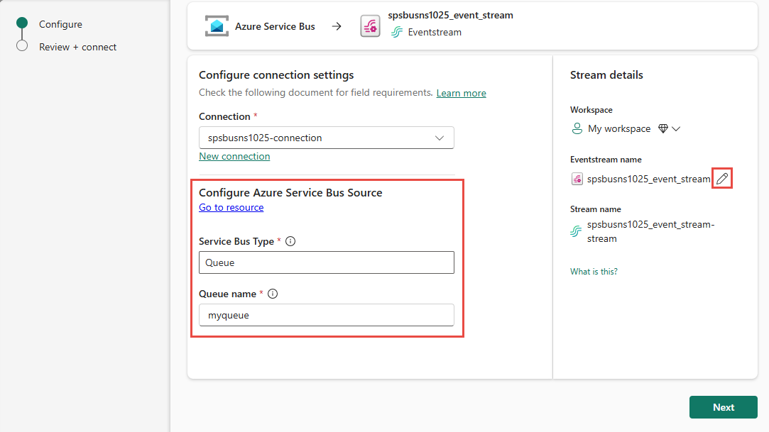 Captura de pantalla que muestra la sección Configuración del origen de Azure Service Bus de la página Conectar uno para el conector de Azure Service Bus.