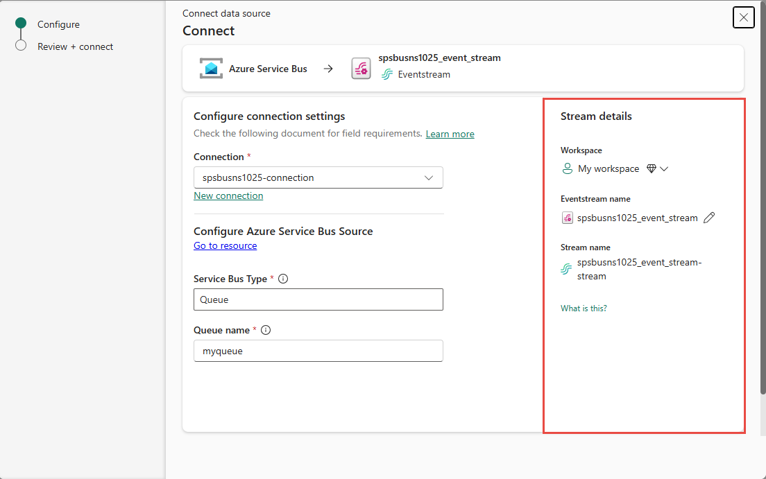 Captura de pantalla que muestra la sección Detalles de flujo de la página Conectar uno para el conector de Azure Service Bus.