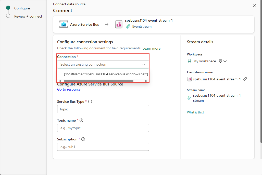 Captura de pantalla que muestra la página Conectar con una conexión existente a Azure Service Bus.