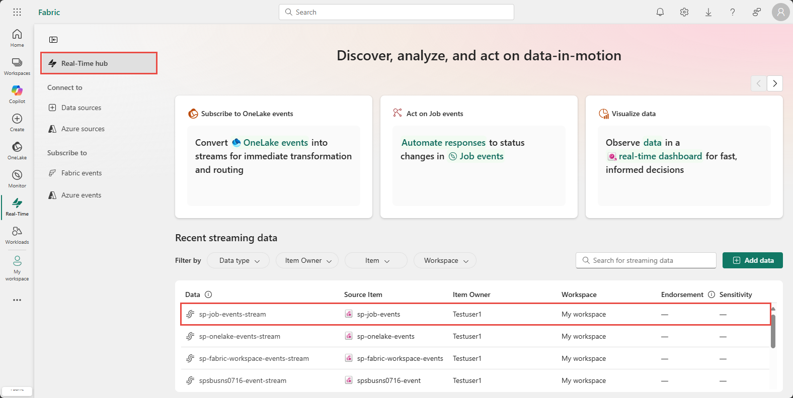 Captura de pantalla que muestra el flujo de datos en la página Mis flujos de datos.