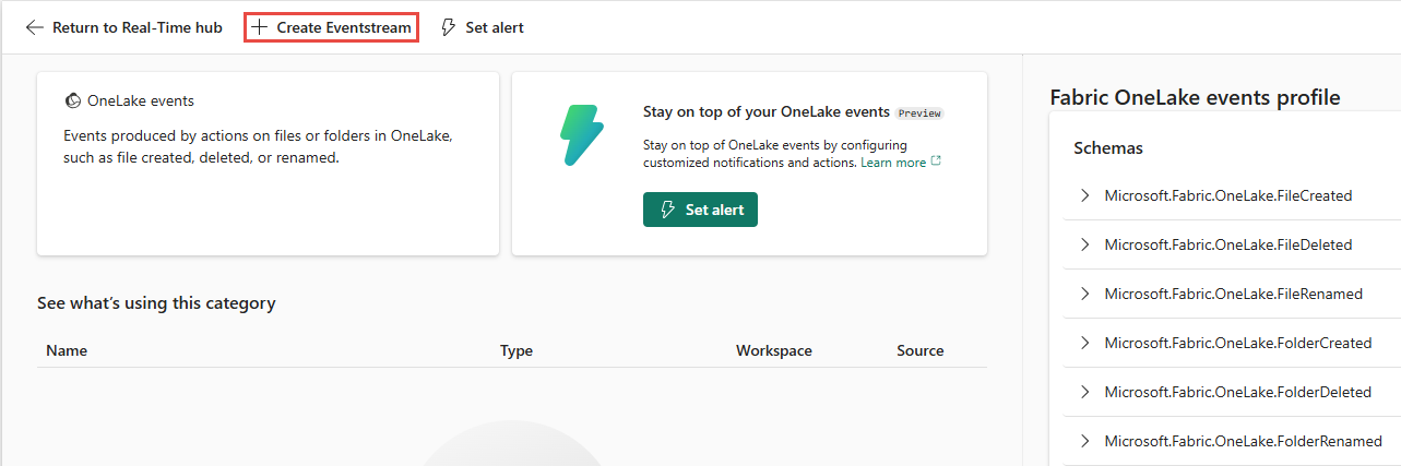 Captura de pantalla que muestra la página de detalles de los eventos oneLake.
