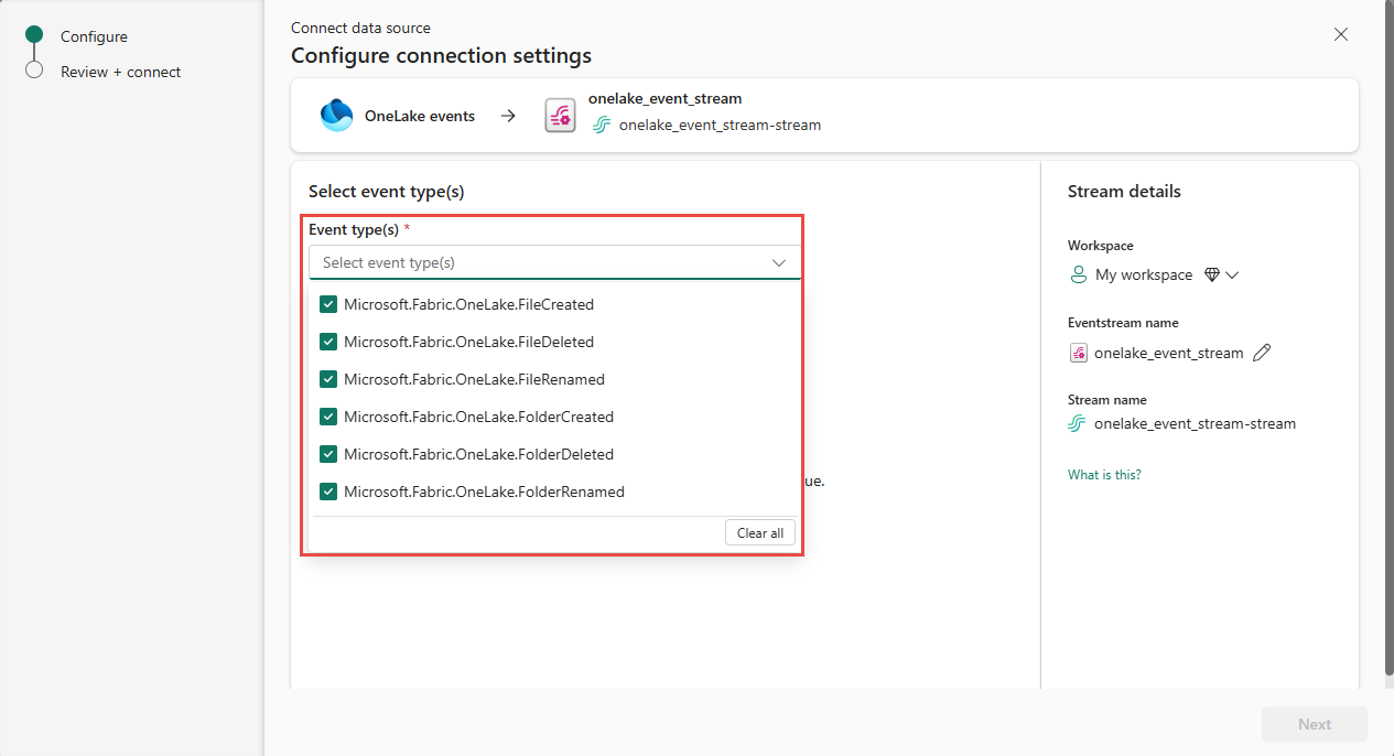 Captura de pantalla que muestra la selección de tipos de eventos OneLake en la página Conectar.