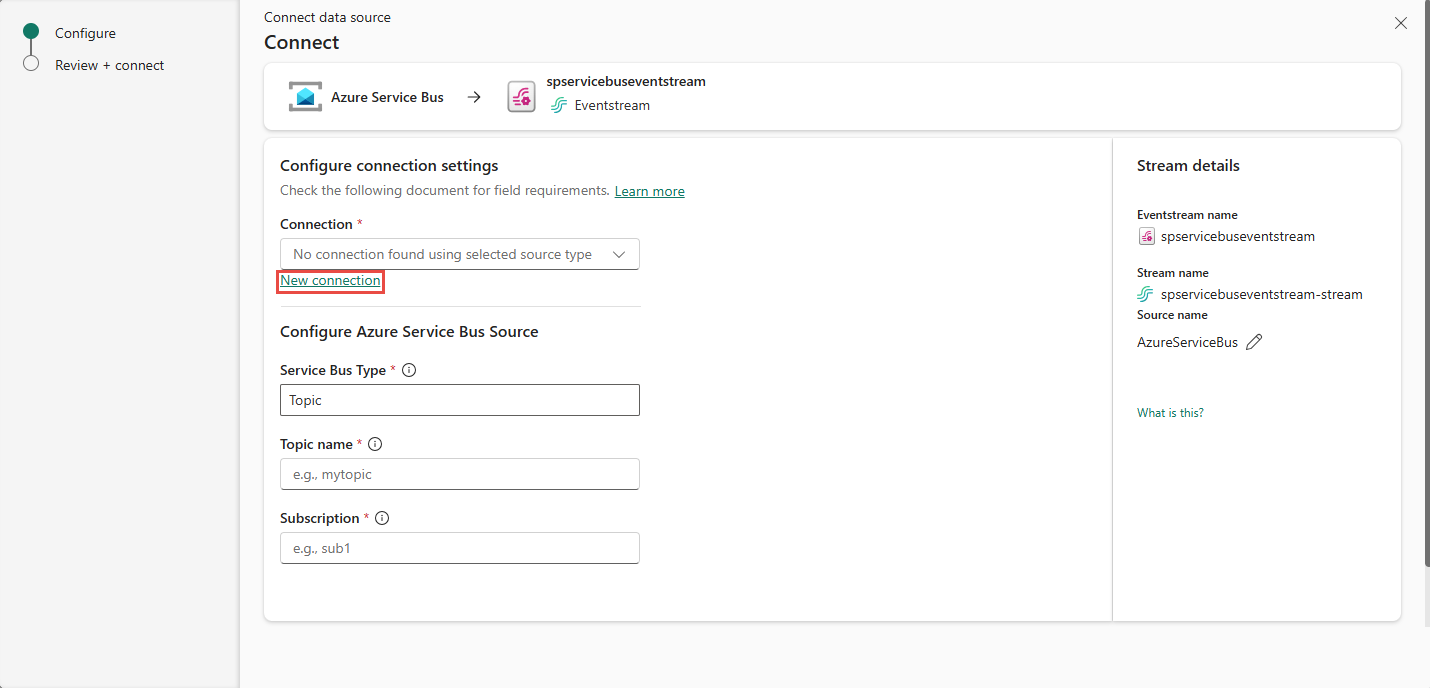 Captura de pantalla que muestra la página Conectar con el vínculo Nueva conexión resaltado.