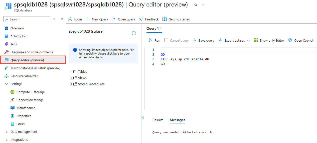 Captura de pantalla de las opciones de Azure SQL Database.