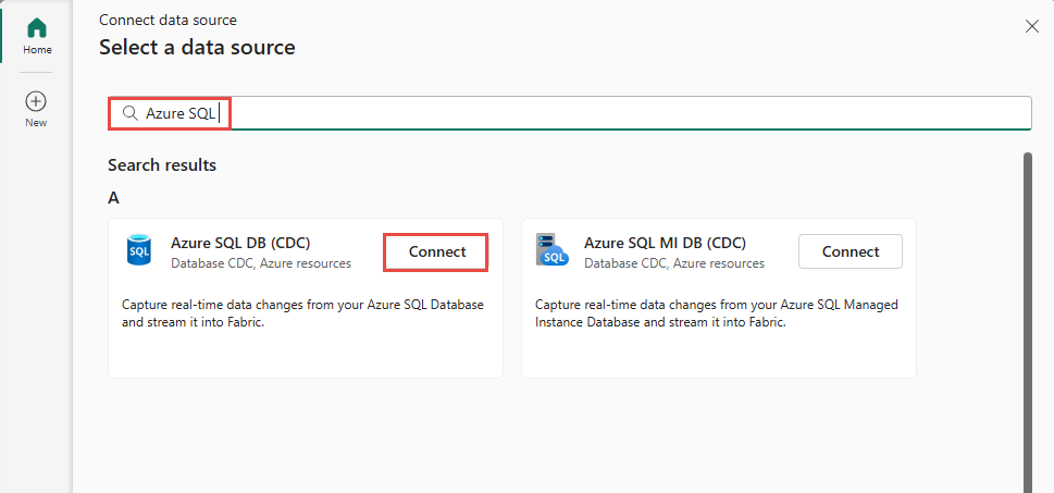 Captura de pantalla en el que se muestra la selección de Azure SQL DB (CDC) como tipo de origen en el asistente para obtener eventos.
