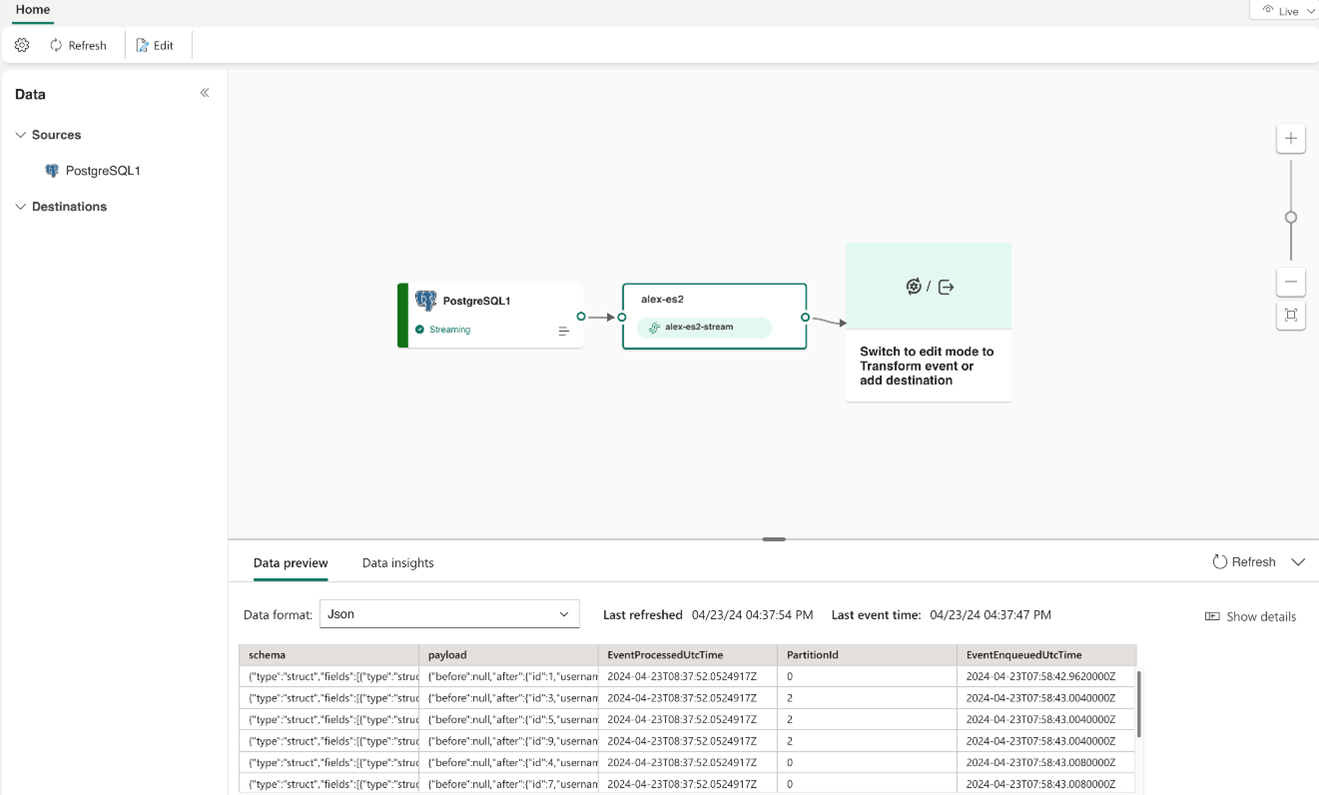 Captura de pantalla del origen de CDC de la base de datos de PostgreSQL en streaming en la Vista en vivo.