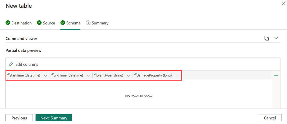 Captura de pantalla de la pestaña Esquema que muestra las columnas agregadas en la vista previa de datos parciales. Los nombres de columnas estás resaltados.