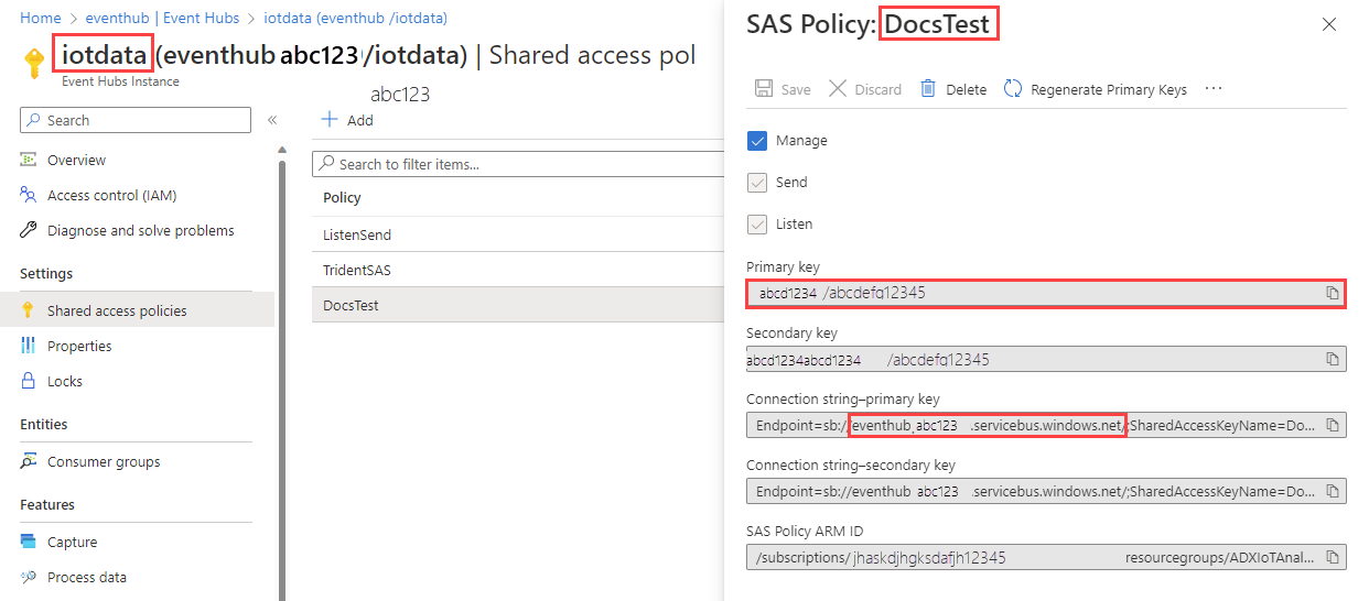 Captura de pantalla de muestra cómo rellenar la conexión con datos de Azure Portal.