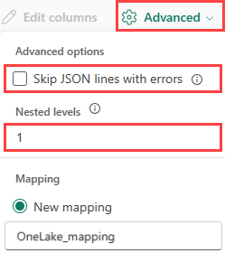 Captura de pantalla de opciones avanzadas de JSON.