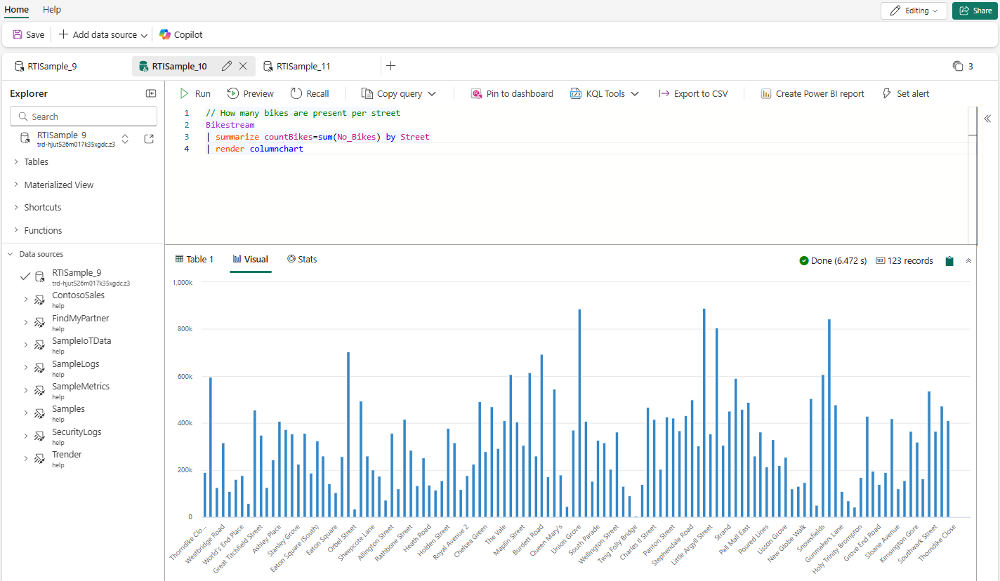 Captura de pantalla del menú de varias pestañas para administrar las distintas pestañas del conjunto de consultas KQL.