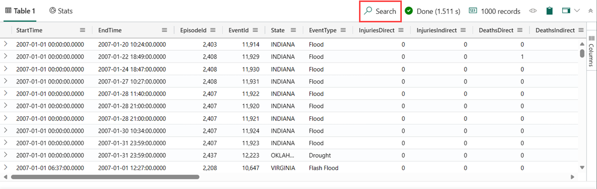 Captura de pantalla del panel de resultados de la consulta resaltando la opción de búsqueda en la tabla.