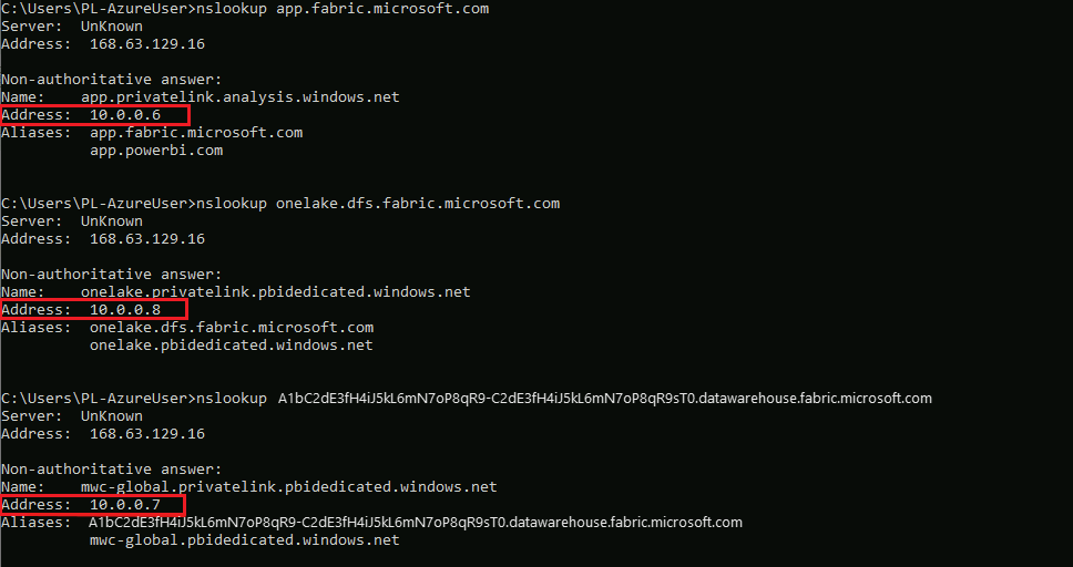 Captura de pantalla de las direcciones IP devueltas en PowerShell.