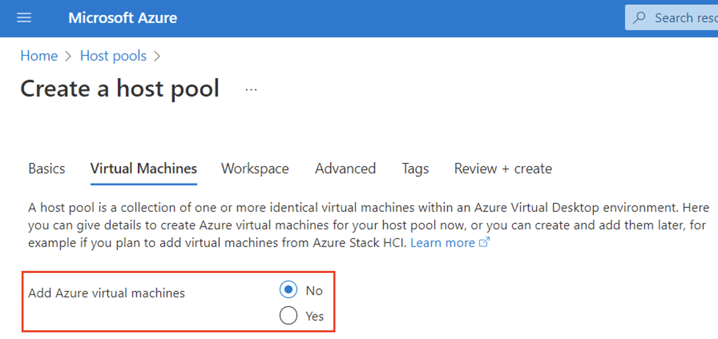 Screenshot showing to select no Azure virtual machines