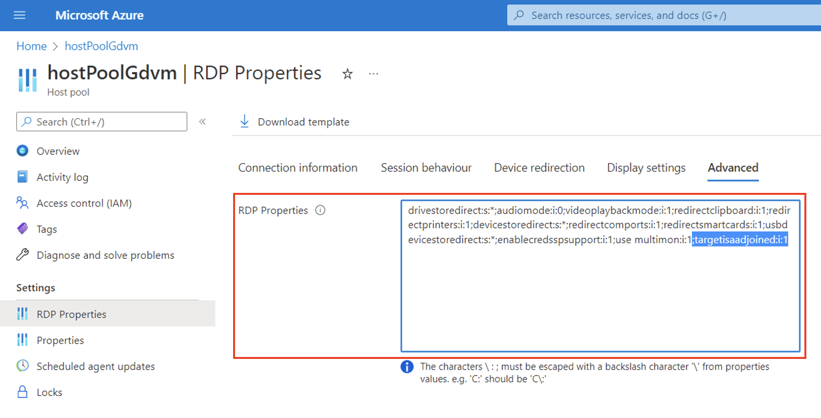 Screenshot showing the RDP properties of host pool