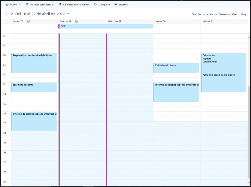 Calendario de trabajo del asistente del 17 al 21 de abril que muestra las horas de disponibilidad